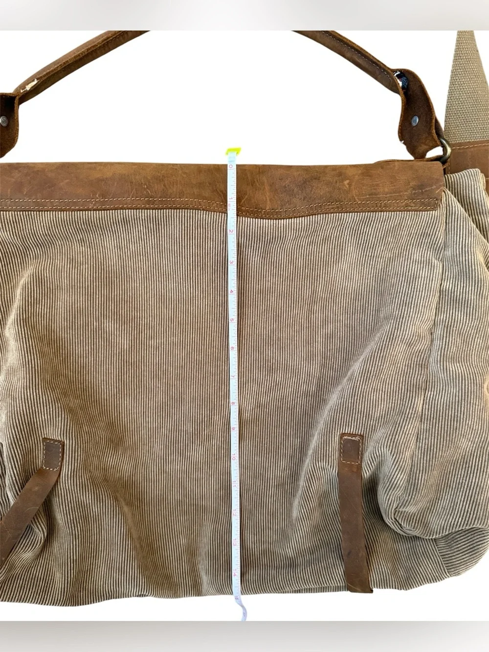 Street Level Men's large tan corduroy & brown Leather Messenger crossbody Bag